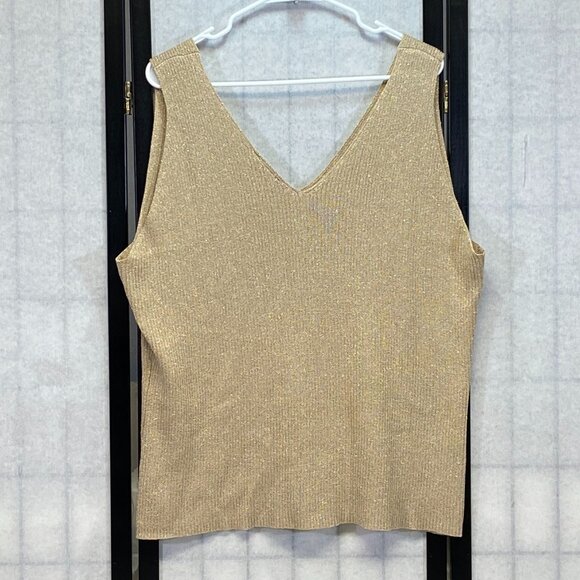 Venezia Jeans Co Gold Metallic Rib Knit Tank Sleeveless V-Neck Shimmer Top Lurex - Picture 2 of 12